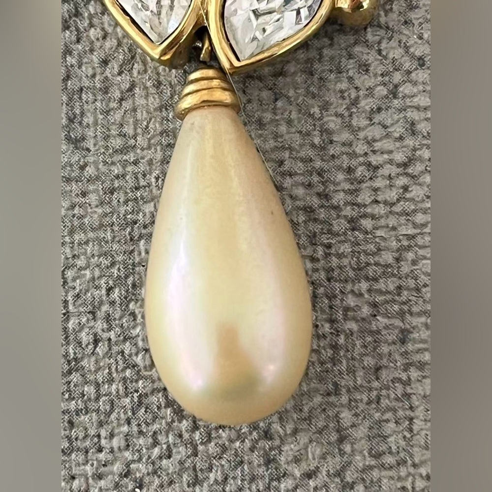 Vintage Christian Dior Marquise Rhinestone Pearl Drop Dangle Gold Chain Necklace - Picture 2 of 12